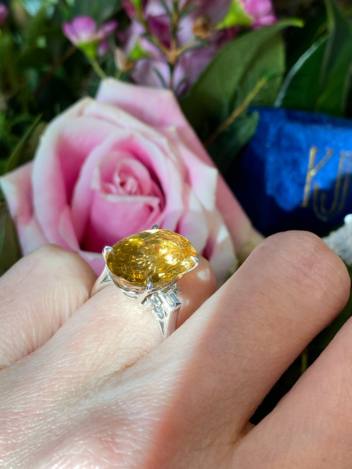 10.08 Carat Oval Cut Golden Heliodor and Diamond Ring in Platinum