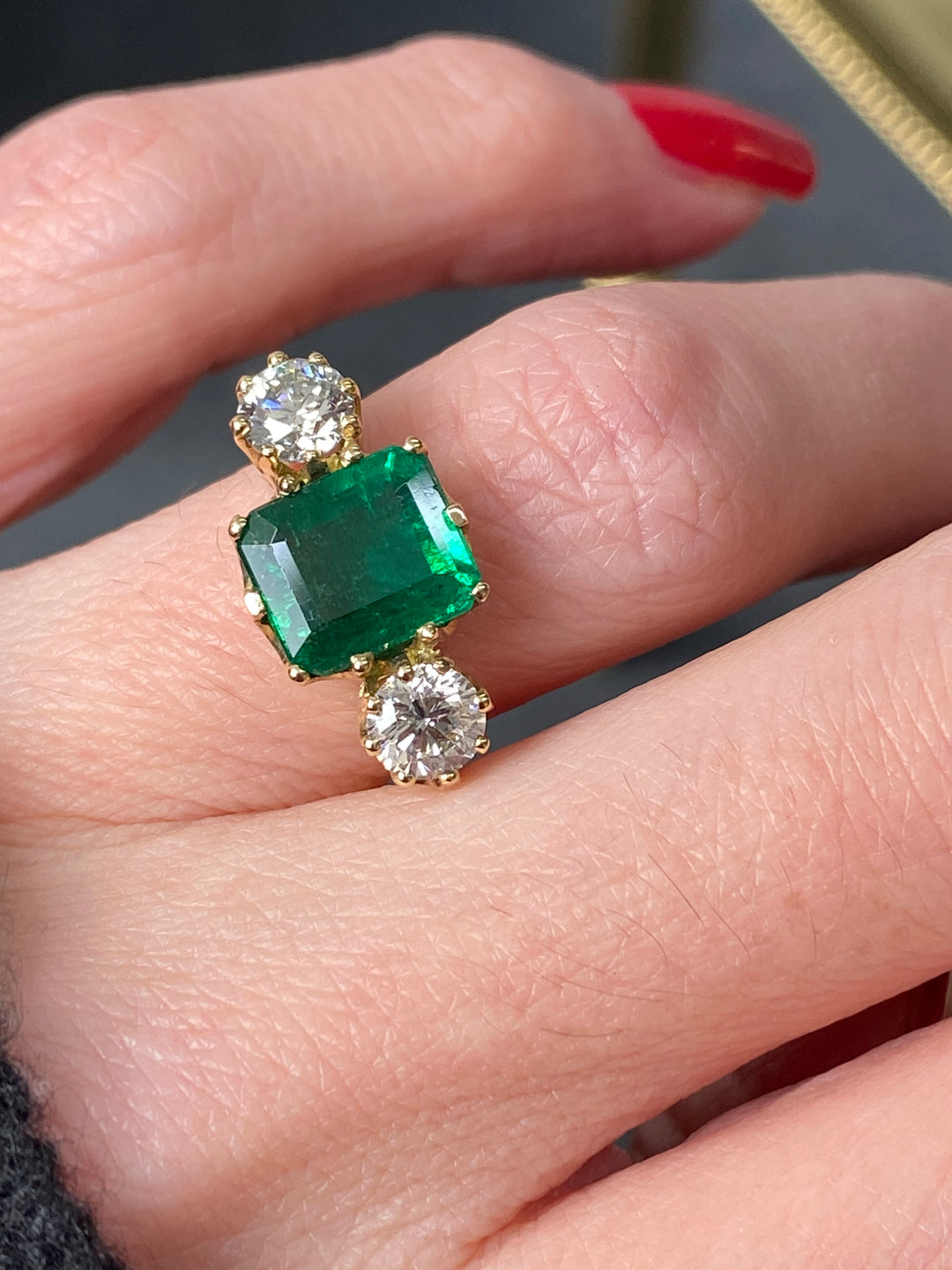 4.00 CTW Emerald and Diamond Three Stone Engagement Ring in 18ct Yellow Gold
