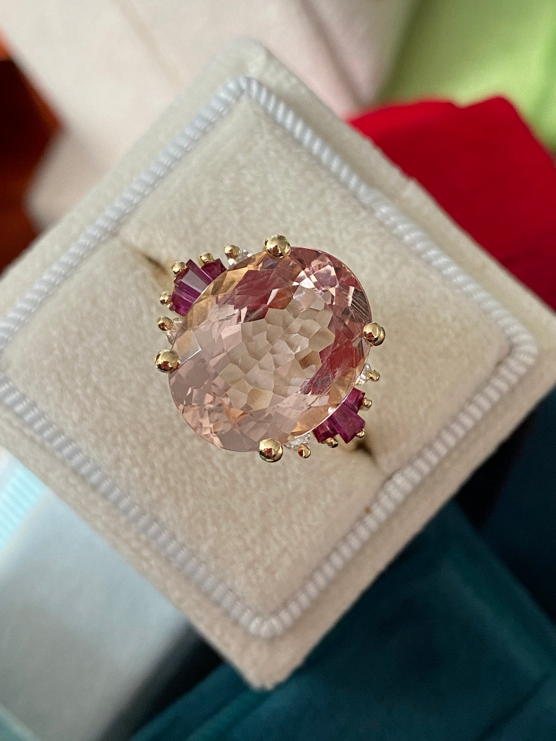 10 Carat Oval Cut Morganite Ruby and Diamond Engagement Cocktail Ring in Yellow Gold  Katherine James Jewellery