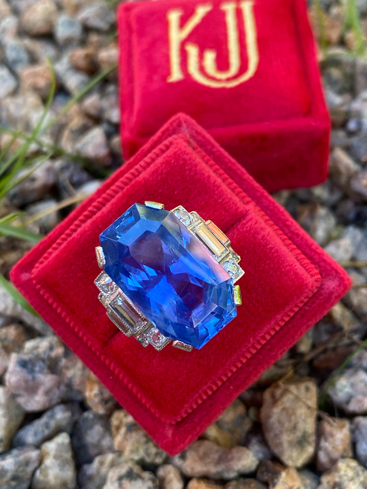 21.36 Carat Certified Unheated Blue Ceylon Sapphire and 1 Carat Diamond Ring