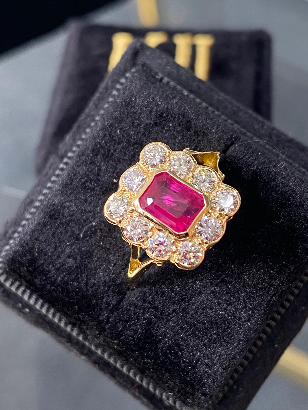 1.90 CTW Ruby and Diamond Halo Engagement Ring in 18ct Yellow Gold