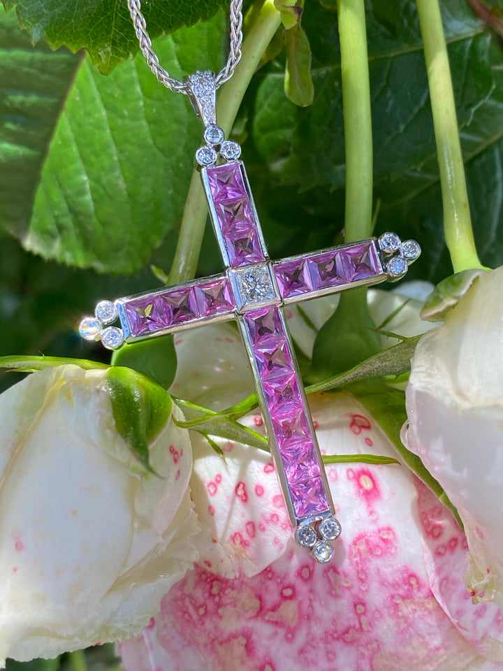 15.00 Carat Pink Sapphire and Diamond Cross Pendant Necklace in 18ct White Gold