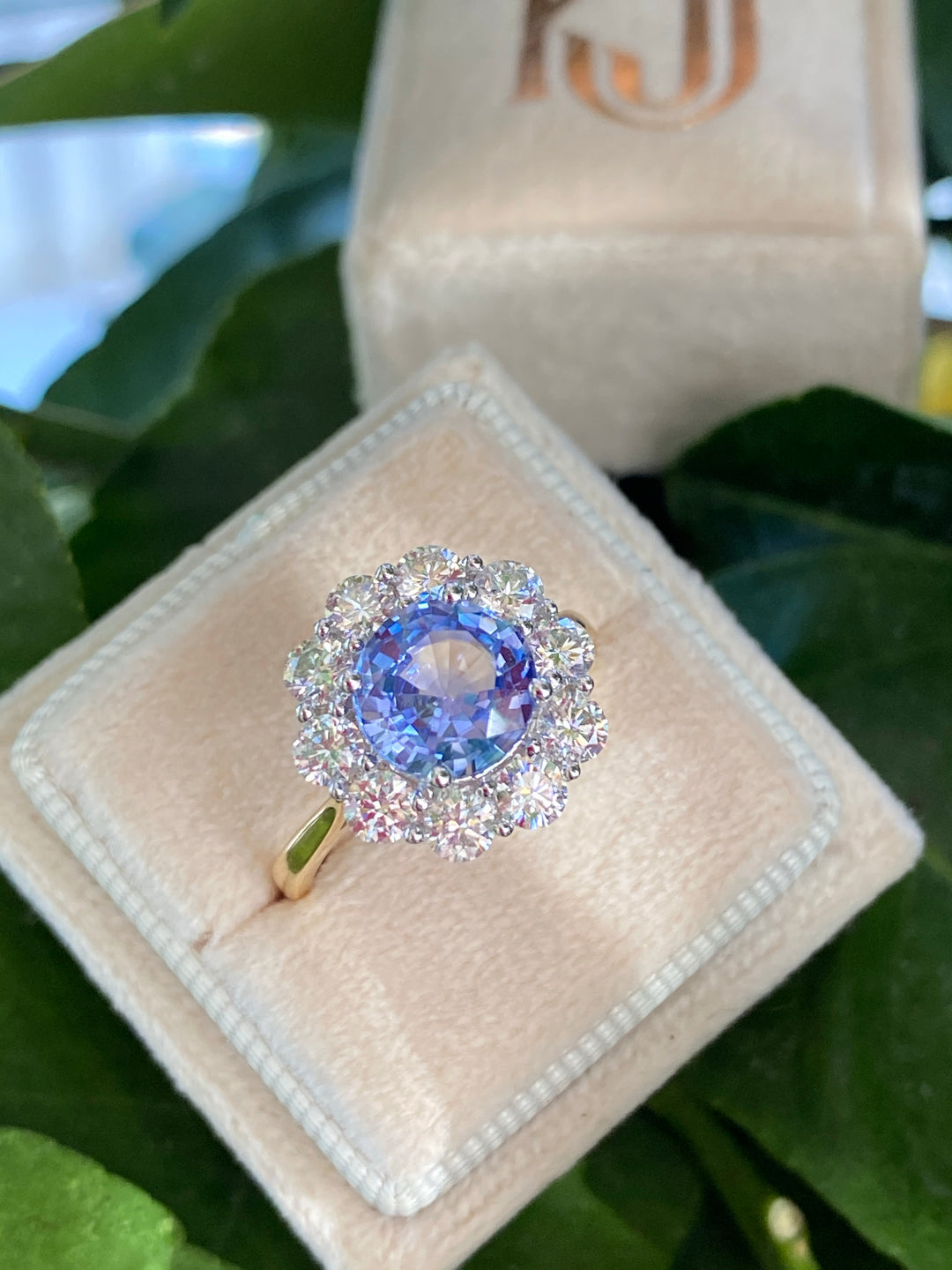 4.10 CTW Round Blue Sapphire and Diamond Halo Ring in 18ct Gold Vintage