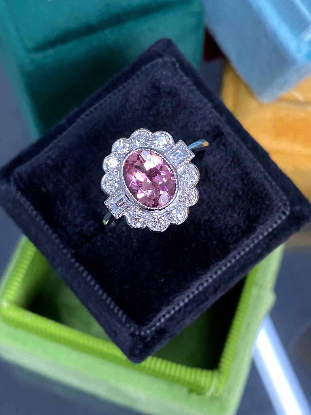 1.55 CTW Oval Pink Tourmaline and Diamond Art Deco Halo Engagement Ring in Platinum