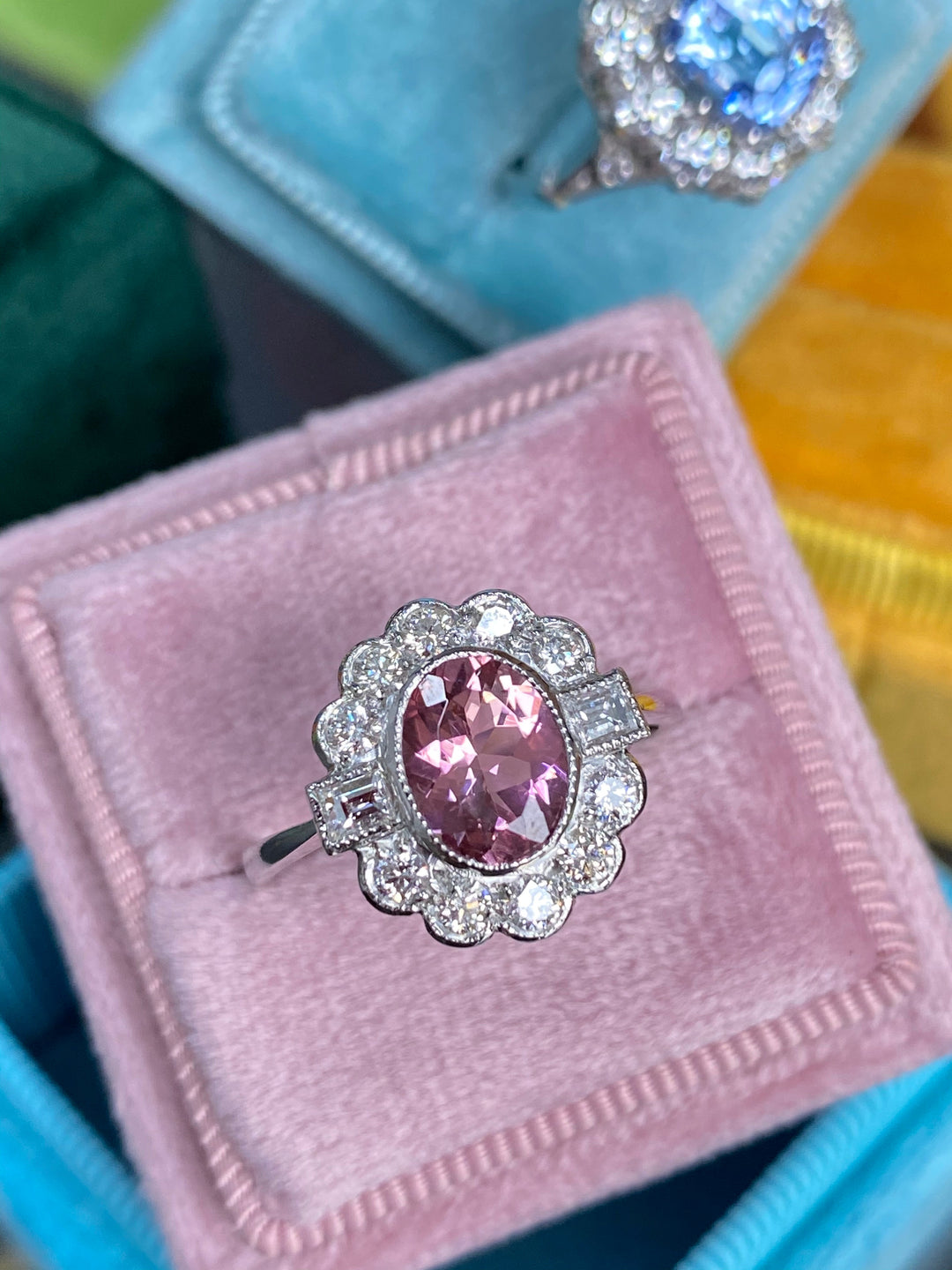 Oval Cut Pink Tourmaline and Diamond Halo Art Deco Engagement Ring in Platinum 