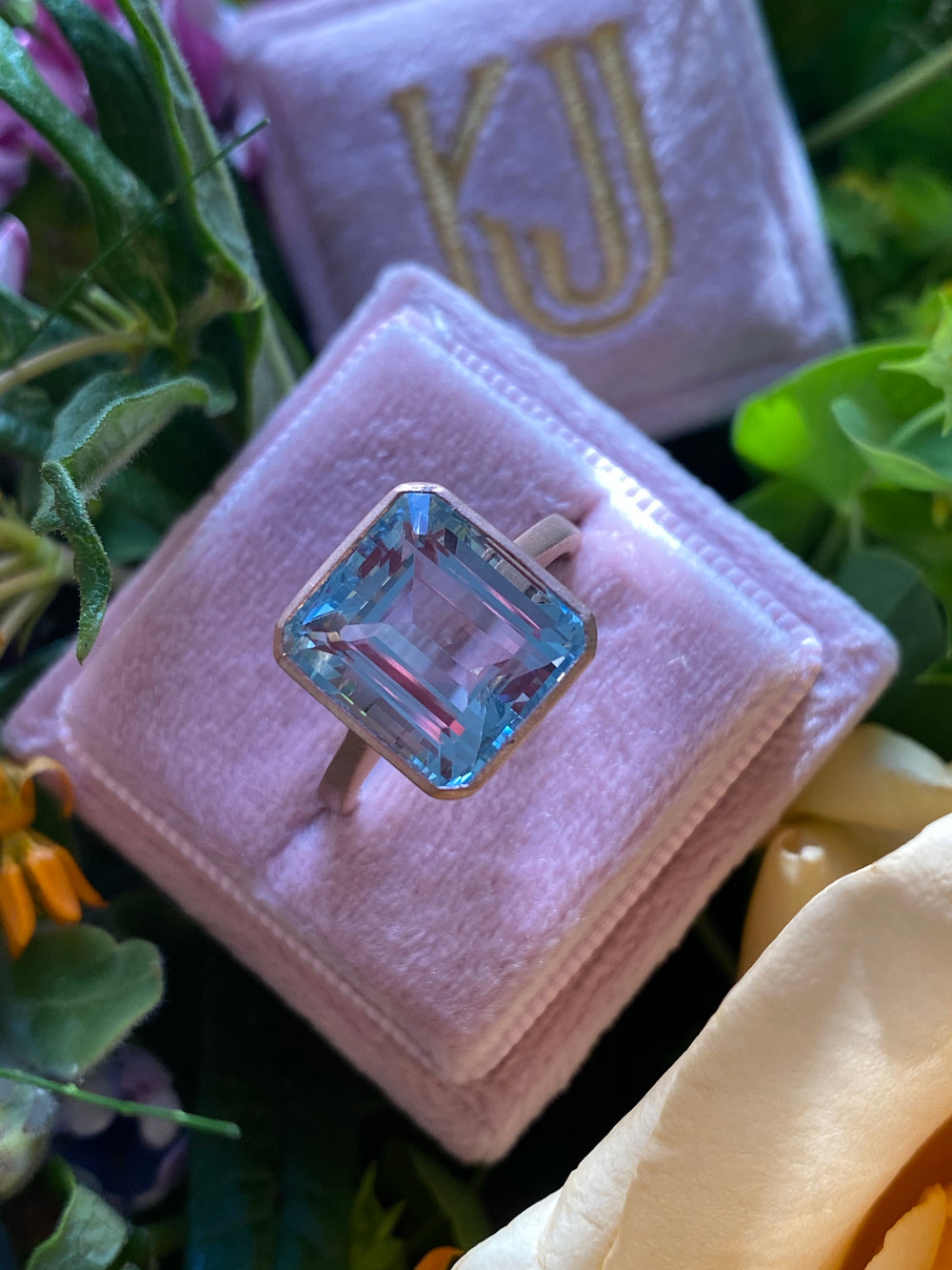 5 Carat Emerald Cut Aquamarine Cocktail Engagement Ring in Matte Rose Gold 