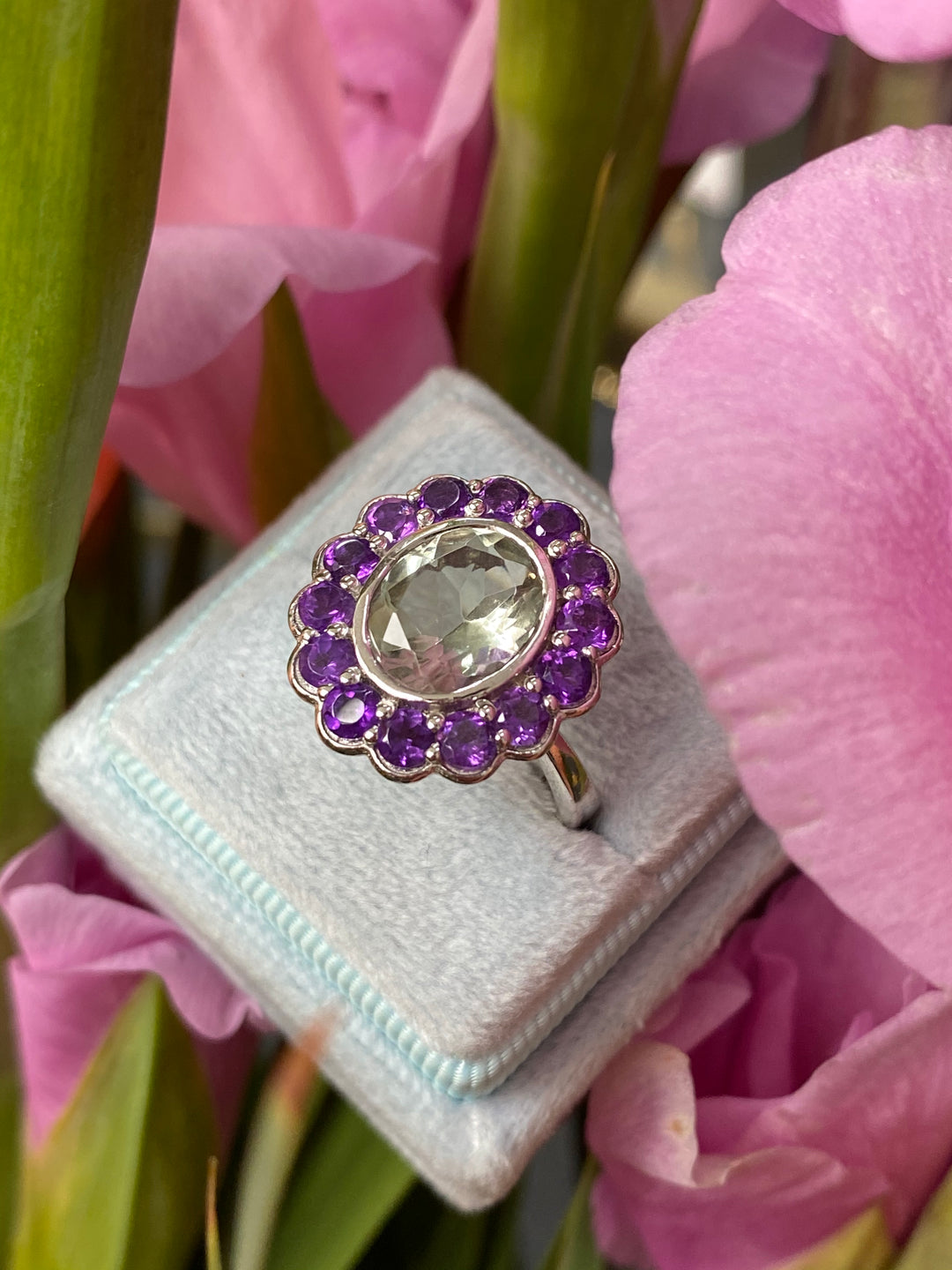 Oval Cut Green and Purple Amethyst Halo Cocktail Ring in Sterling Silver