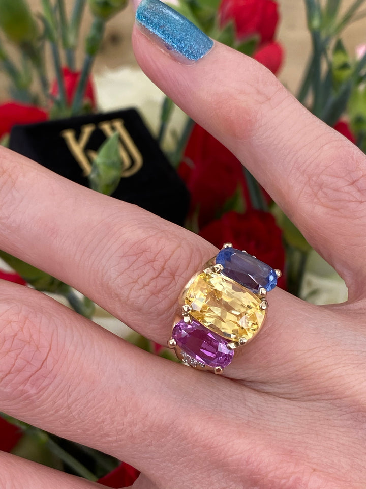 No Heat Pink, Yellow and Blue Sapphire Cushion Cut Engagement Ring
