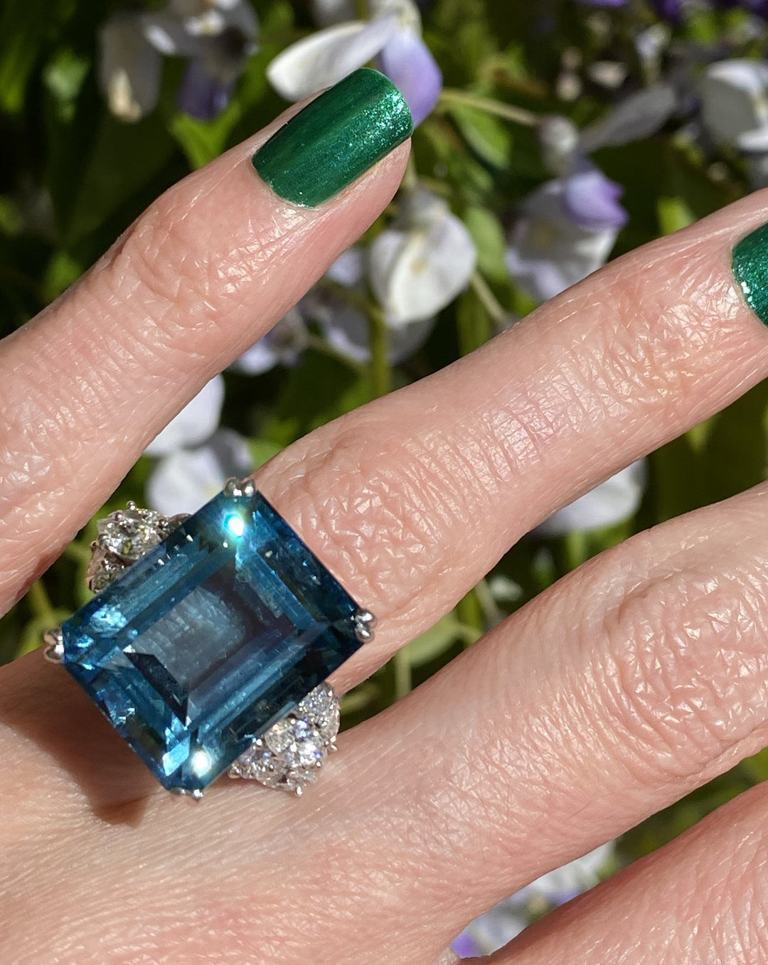 19.50 Carat Emerald Cut Aquamarine and Diamond Vintage Cocktail Ring 