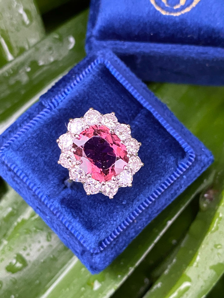 Pink Tourmaline and Diamond Halo Cocktail Ring in White Gold 