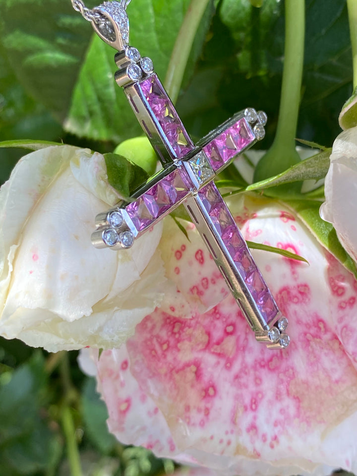 15.00 Carat Pink Sapphire and Diamond Cross Pendant Necklace in 18ct White Gold