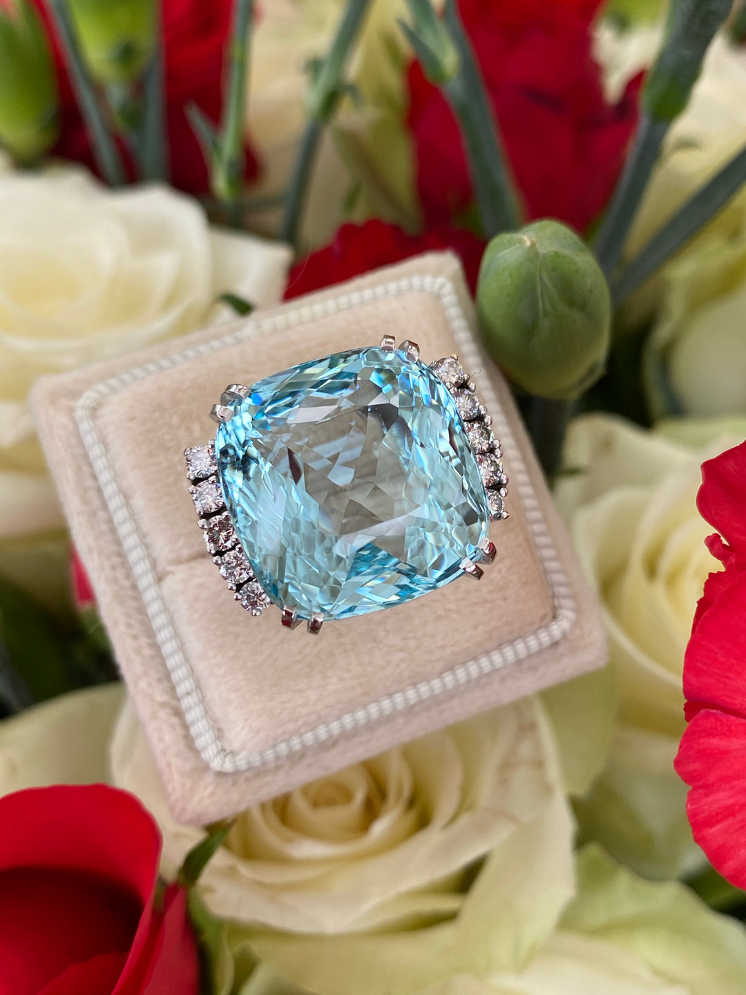 27.76 Carat Fancy Cut Cushion Aquamarine and Diamond Cocktail Ring in Platinum 