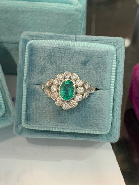 1.30 CTW Emerald and Diamond Belle Époque Style Halo Ring in Platinum