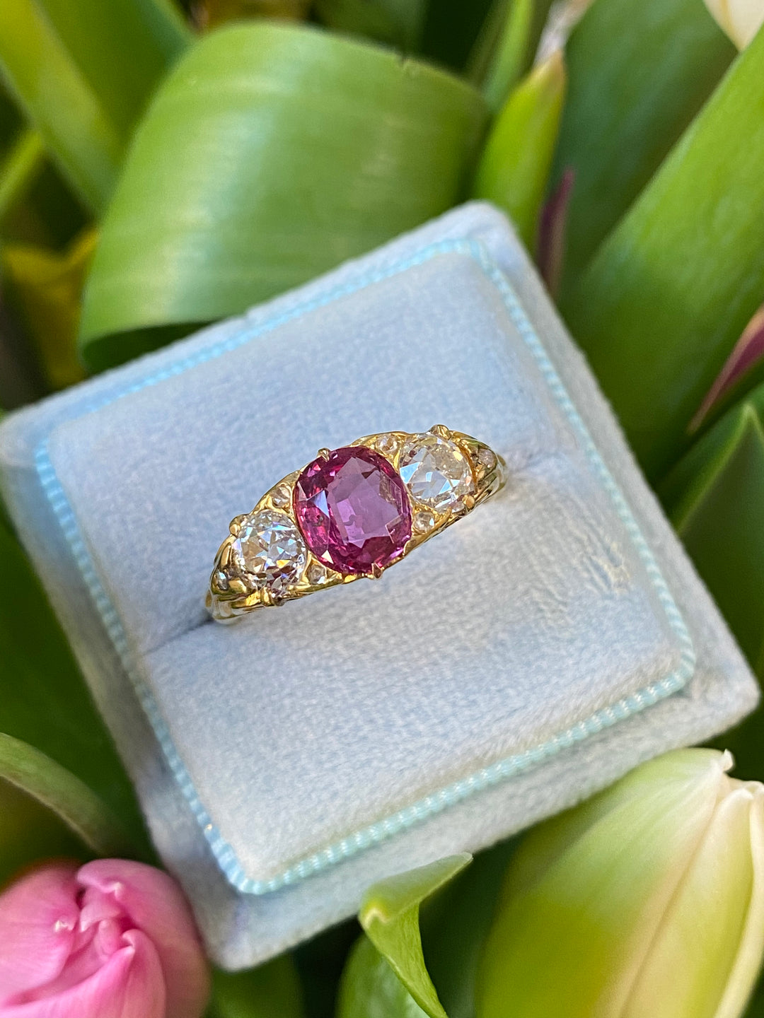 Antique No Heat Ruby and Old Cut Diamond Engagement Ring in Yellow Gold Katherine James Jewellery