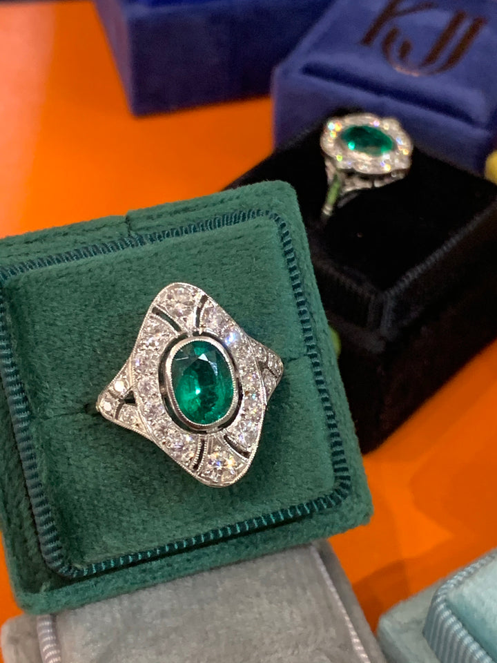 1.50 Carat Emerald and Diamond Art Deco Ring in Platinum