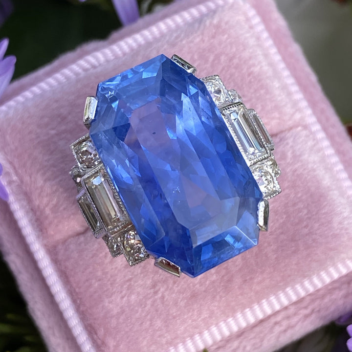 Unheated Blue Ceylon Sapphire and Diamond Art Deco Engagement Ring 