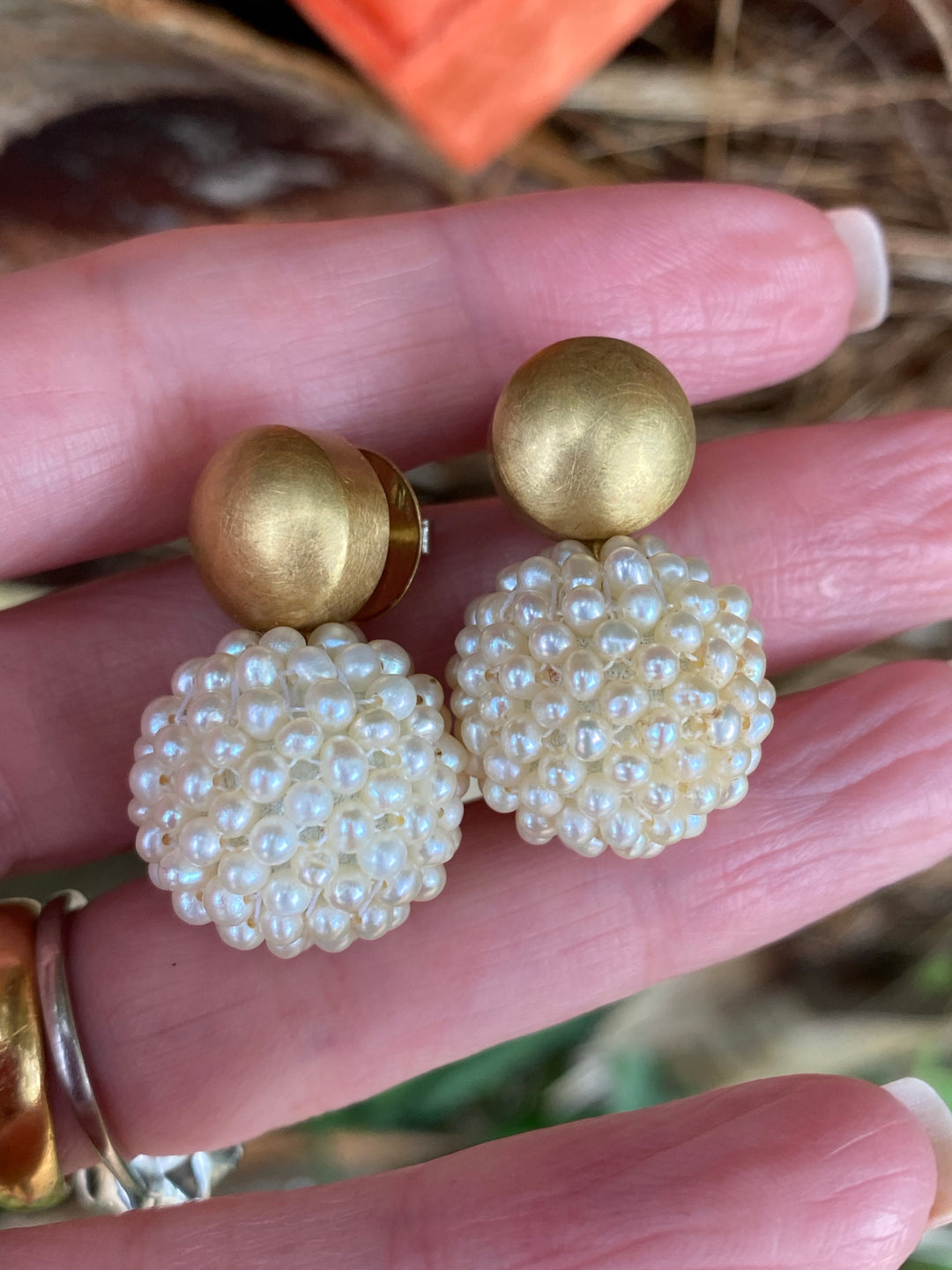 Vintage Seed Pearl and Yellow Gold Ball Drop Earrings