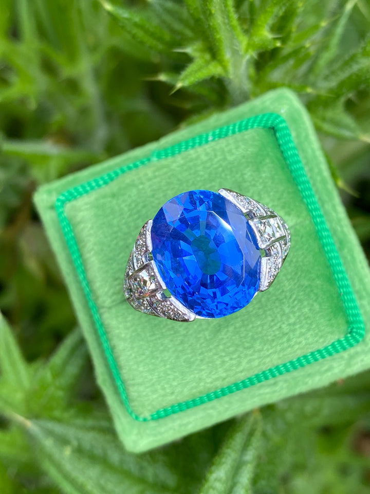 10.05 Carat Certified Unheated Blue Ceylon Sapphire and Diamond Art Deco Ring