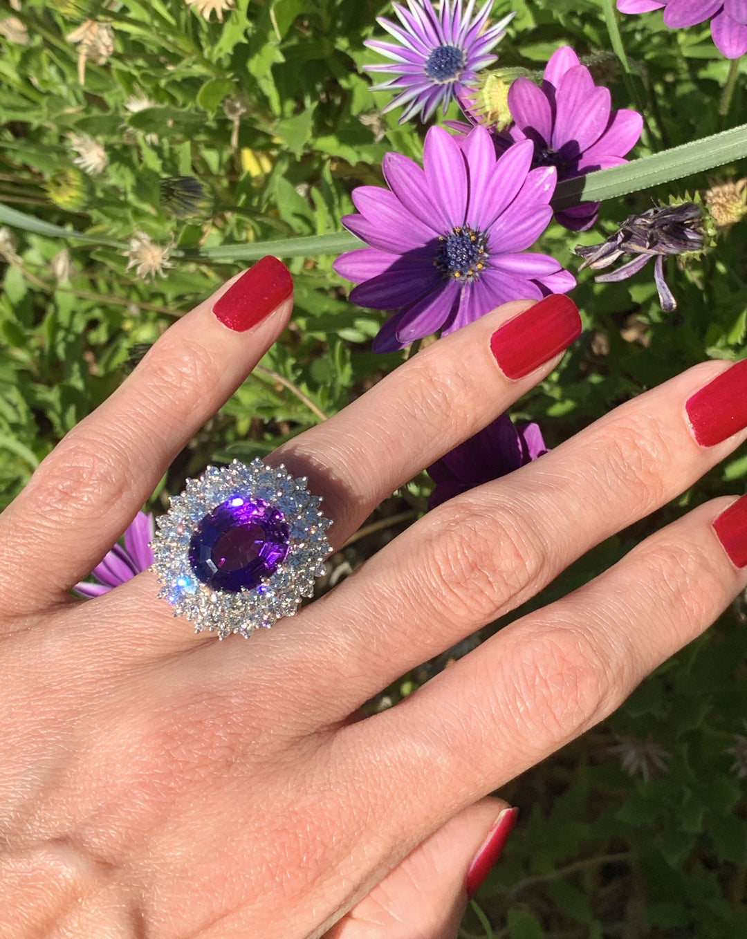 7.30 Carat Amethyst and Diamond Halo Ring in 18K White Gold 