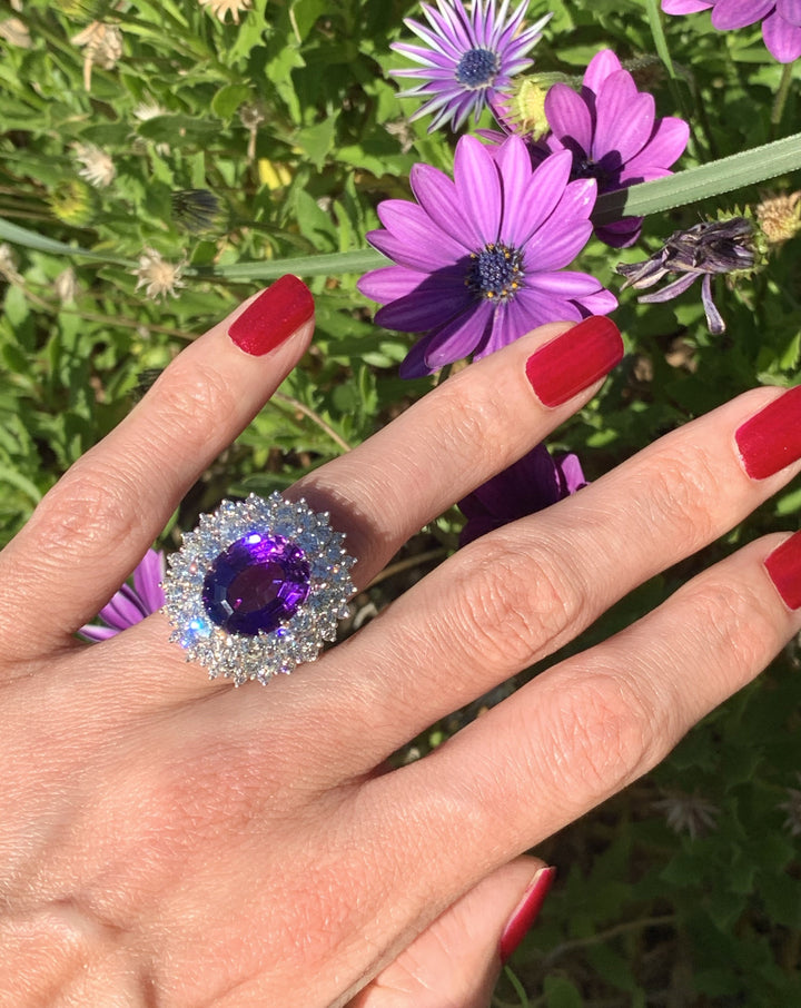 7.30 Carat Amethyst and Diamond Halo Ring in 18K White Gold 