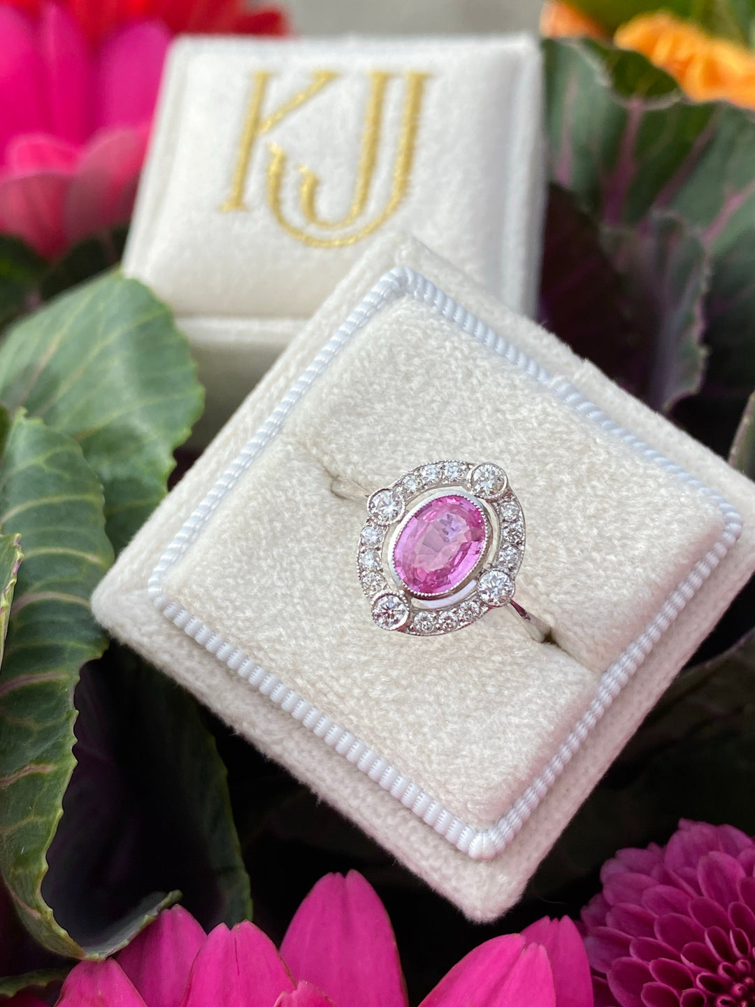Oval Cut PInk Sapphire and Diamond Art Deco Engagement Ring 