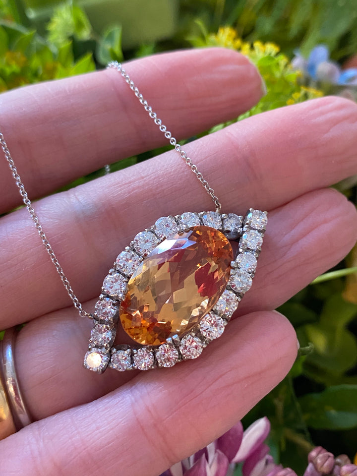 Oval Cut Imperial Topaz and Diamond Vintage Necklace in White Gold 
