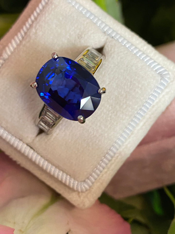 Oval Cut Blue Ceylon Sapphire Unheated and Diamond Art Deco Style Engagement Ring in Platinum 