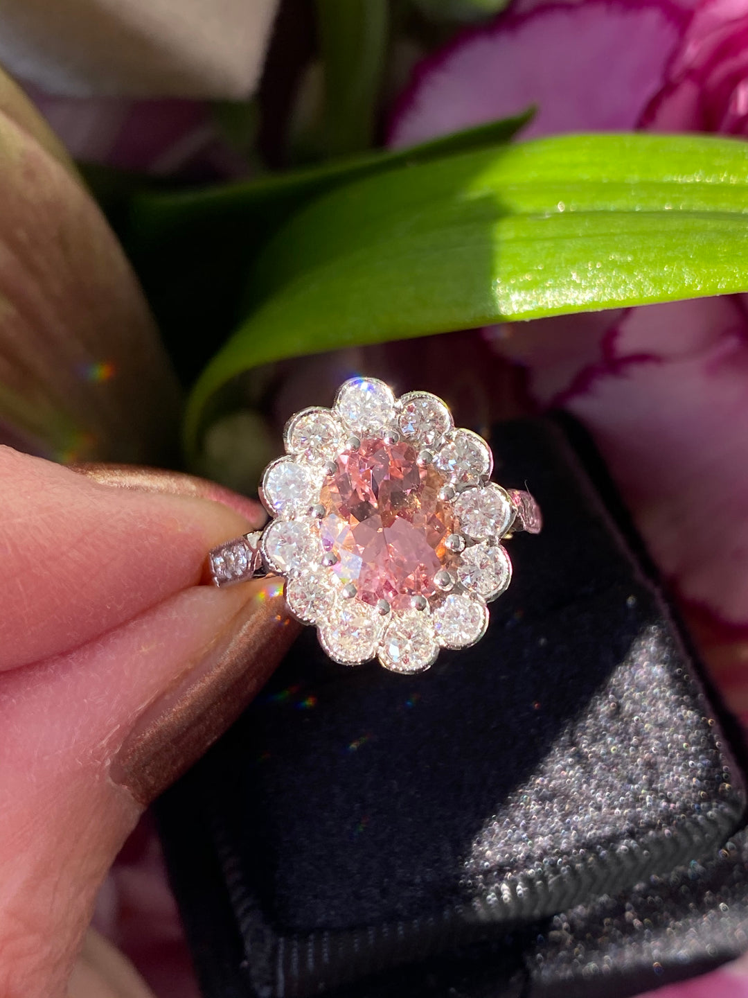 2.85 CTW Pink Tourmaline and Diamond Halo Engagement Ring in 18ct Yellow Gold