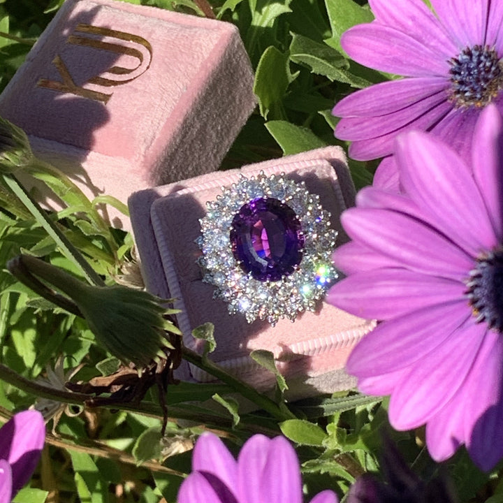 7.30 Carat Oval Cut Amethyst and Diamond Halo Ring in 18ct White Gold