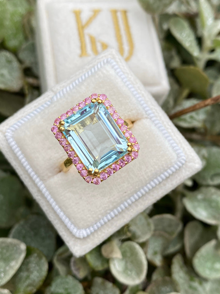 6 Carat Aquamarine and Pink Sapphire Halo Cocktail Engagement Ring in Yellow Gold 