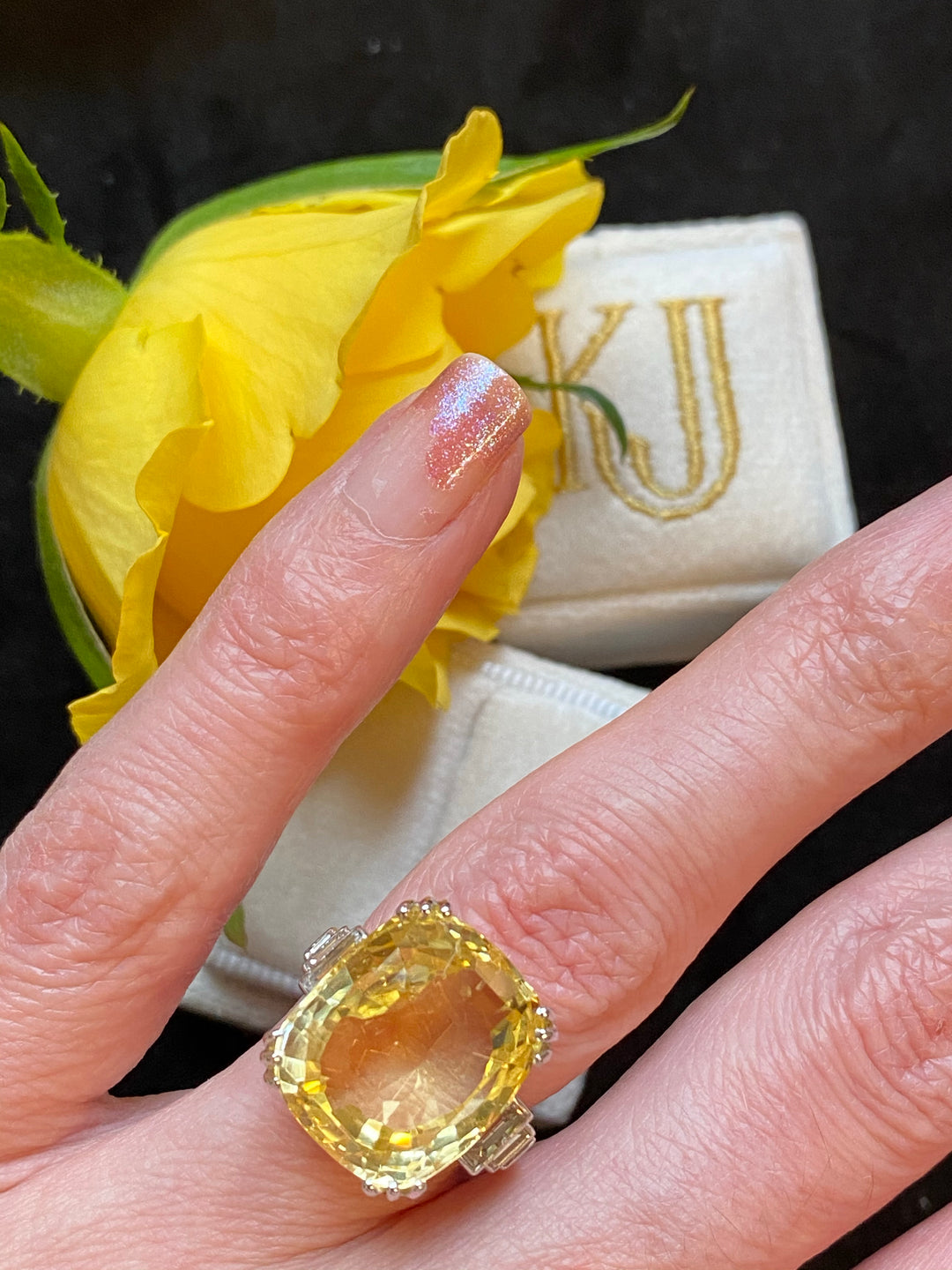 19.60 Carat Certified Unheated Yellow Sapphire and Diamond Art Deco Ring