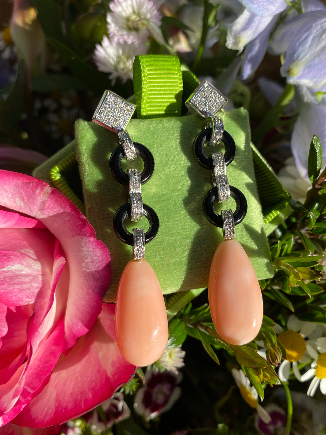 Huge Art Deco Coral, Onyx and Diamond Drop Earrings in 18ct White Gold