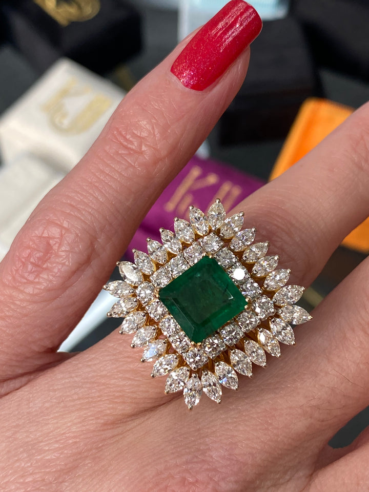 Vintage 6.00 Carat Emerald and Double Halo Diamond Ring in Yellow Gold 