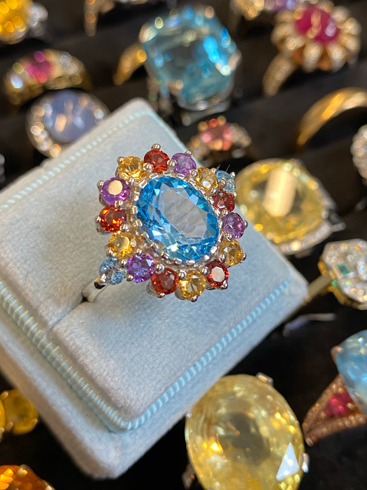 Oval-Cut Blue Topaz, Garnet, Amethyst and Citrine Halo Cocktail Ring in Sterling Silver