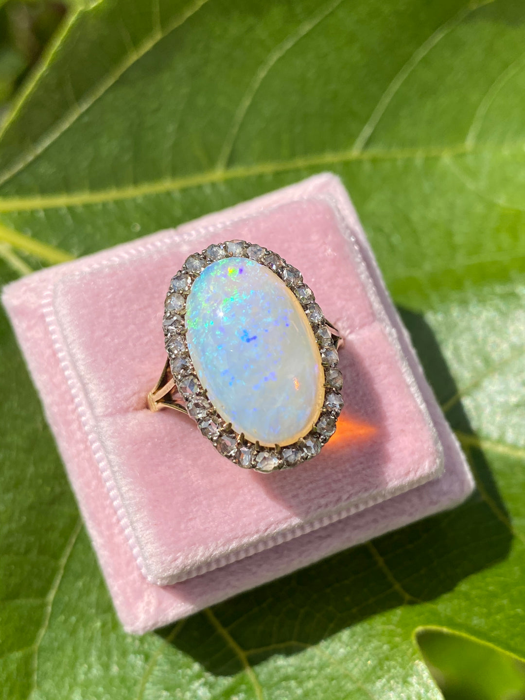 6.00 Carat Antique Victorian White Opal and Diamond Halo Ring in 18ct Gold