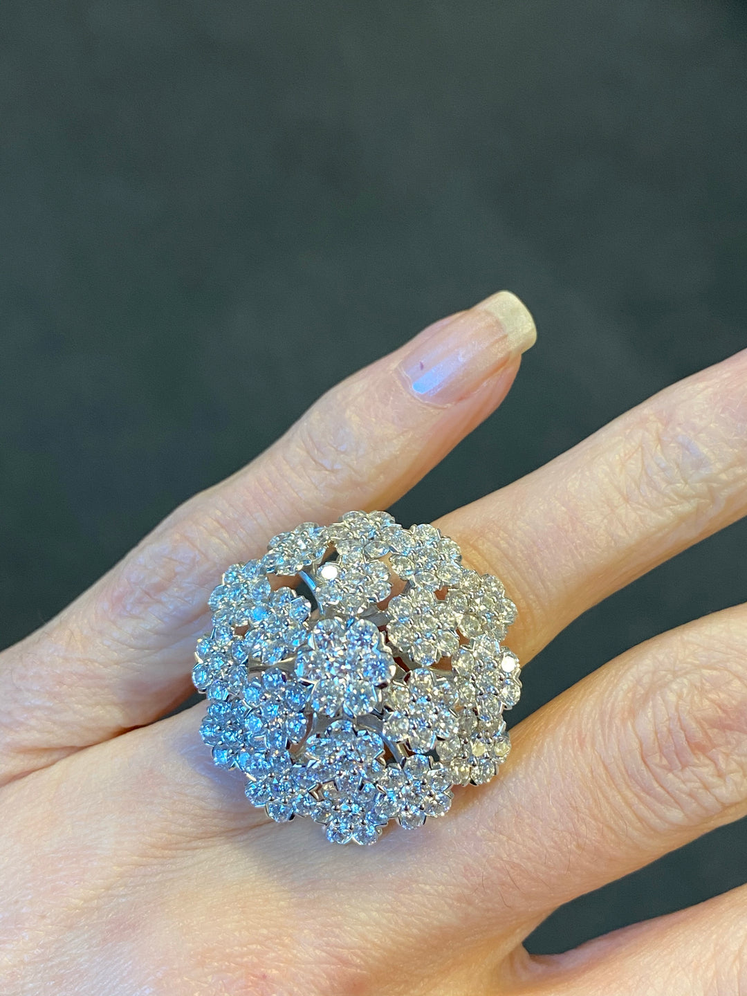 Massive Pave Diamond Flower Cluster Cocktail Ring in White Gold 