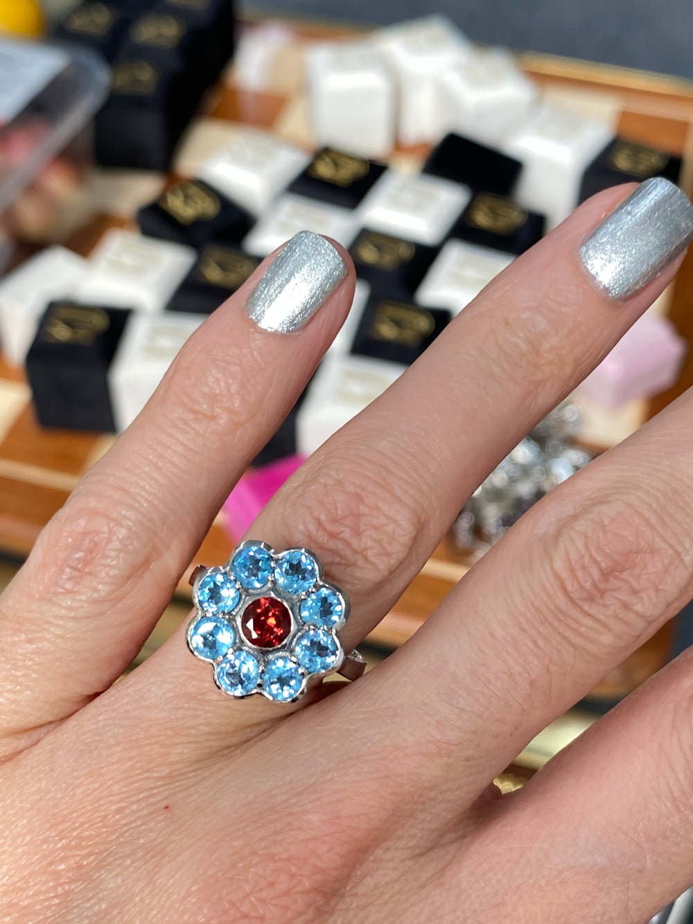 Red Garnet and Blue Topaz Flower Cocktail Ring in Sterling Silver 