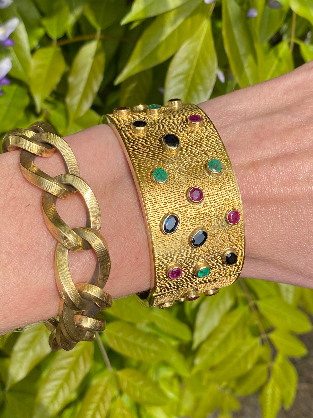 Vintage Ruby, Blue Sapphire and Emerald Cuff Bracelet in 18ct Yellow Gold
