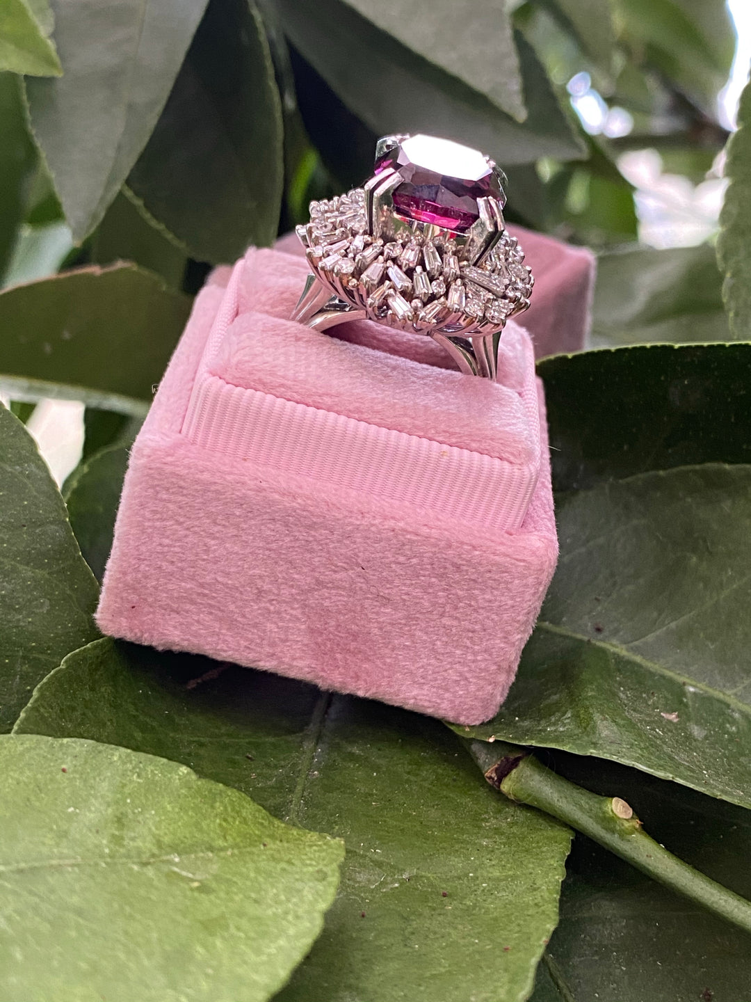15 Carat Vintage Rhodolite Garnet and Diamond Halo Cocktail Ring in Platinum 