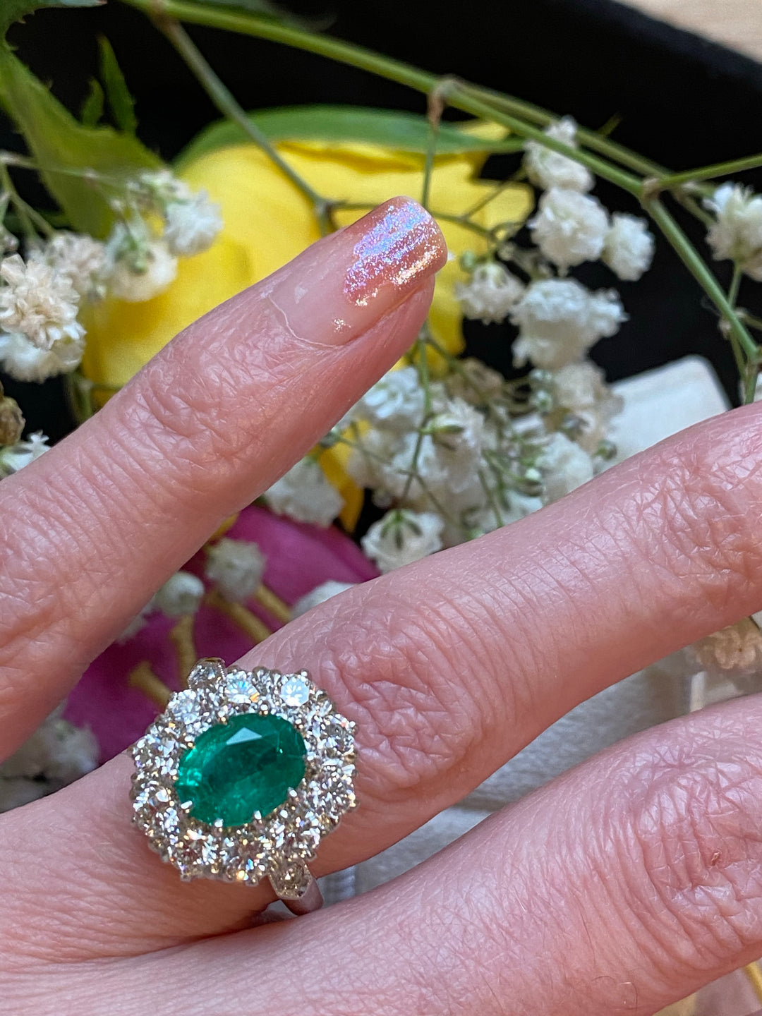 1.54 Carat Oval Cut Emerald and Diamond Halo Engagement Ring in Platinum 