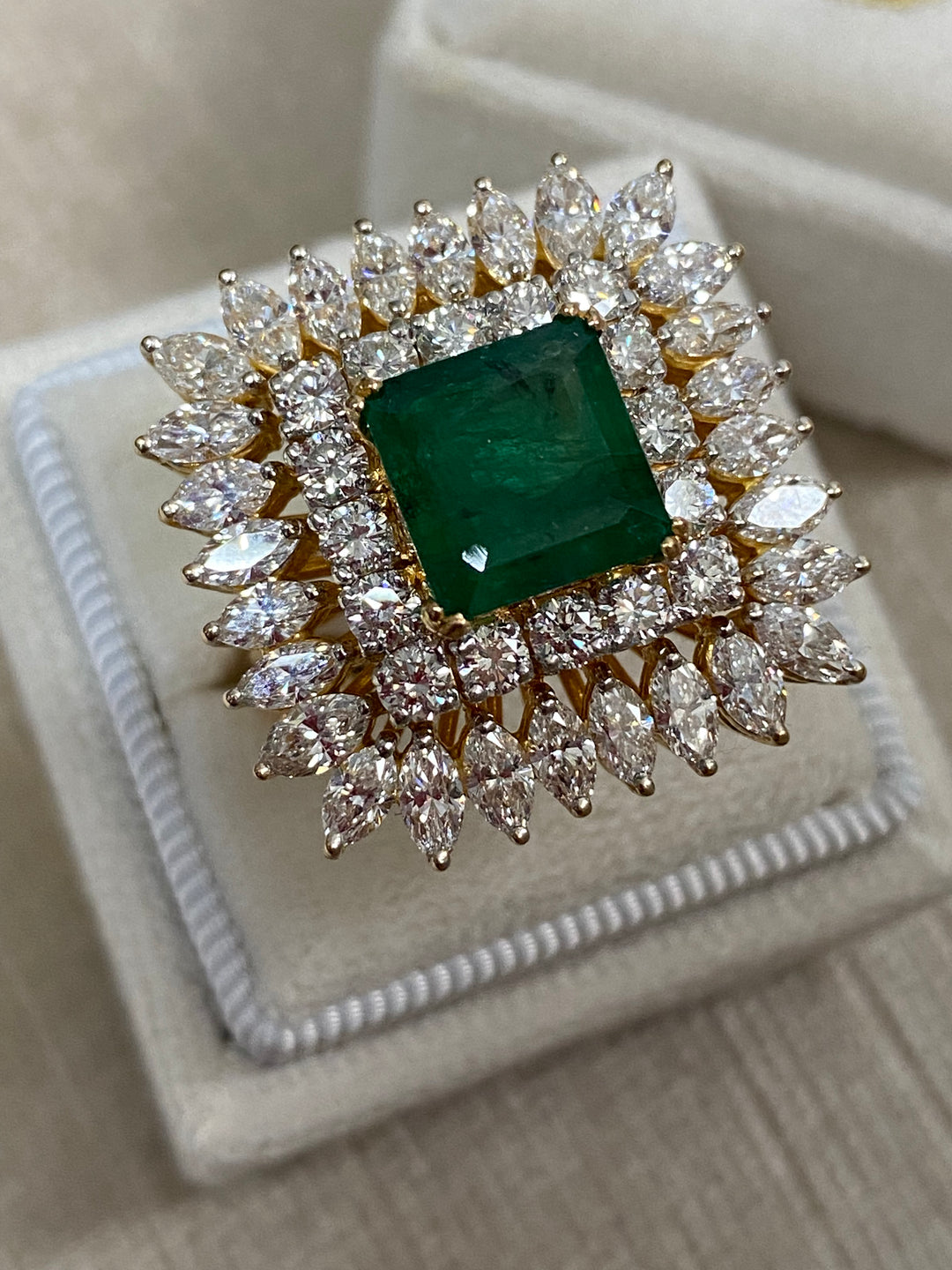 Vintage 6.00 Carat Emerald and Double Halo Diamond Ring in Yellow Gold 