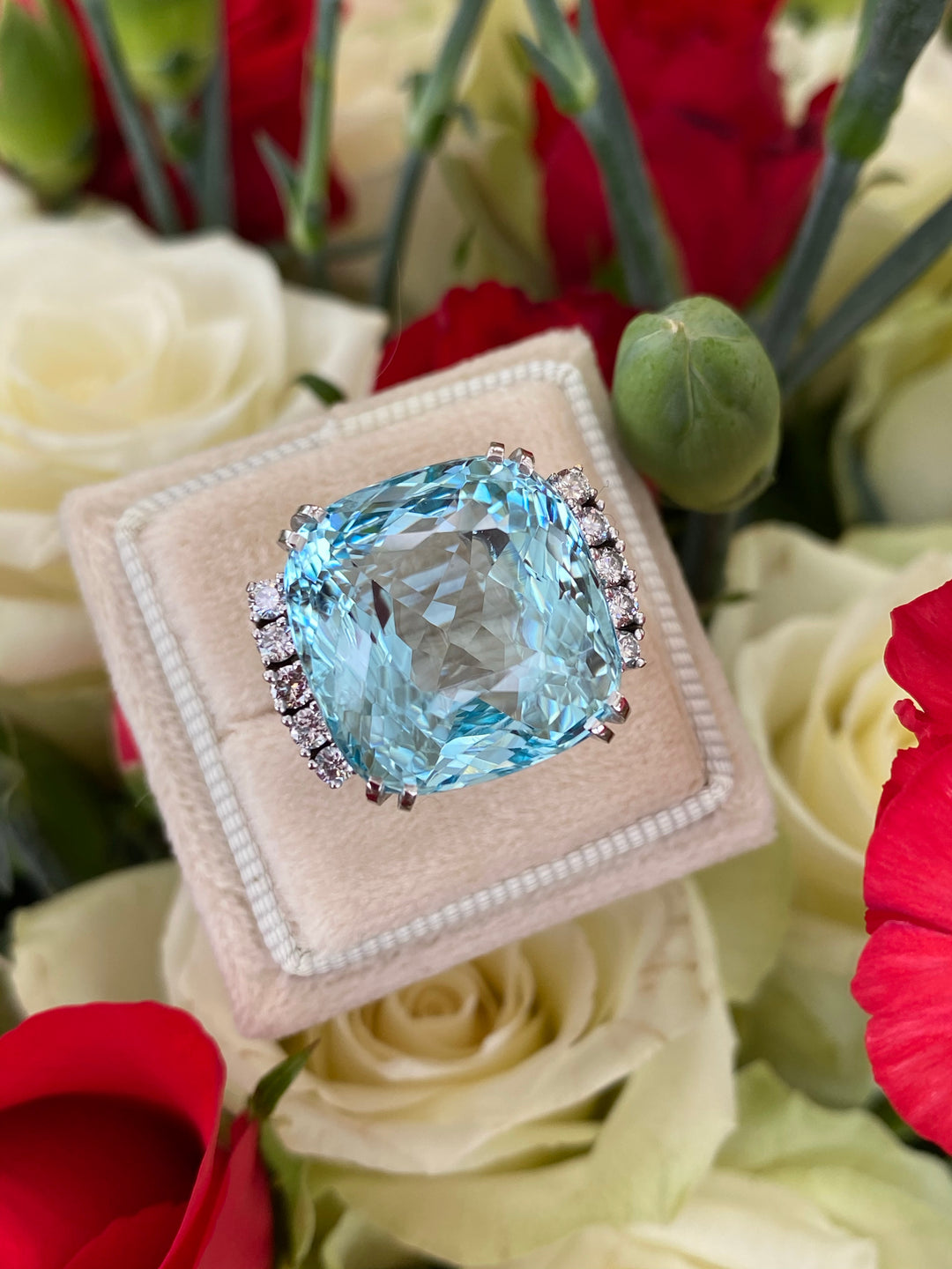 27.76 Carat Fancy Cut Cushion Aquamarine and Diamond Cocktail Ring in Platinum 