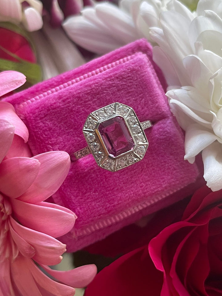 Emerald Cut Pink Sapphire and Diamond Halo Art Deco Engagement Ring in Platinum 
