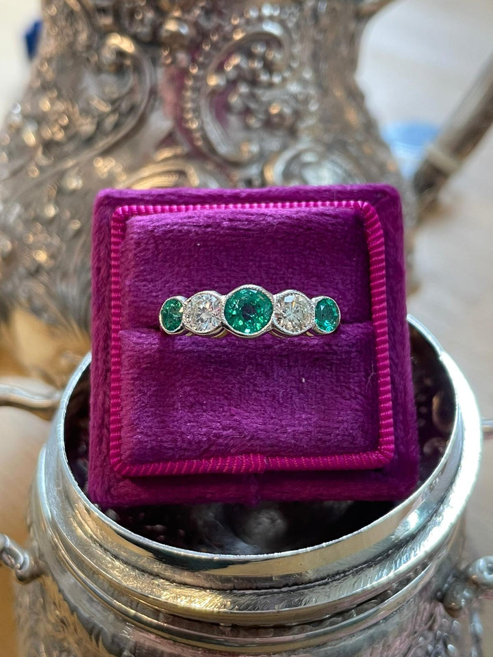 Emerald and Diamond Round Brilliant Five Stone Bezel Set Eternity Wedding Band Ring in Platinum  Katherine James Jewellery