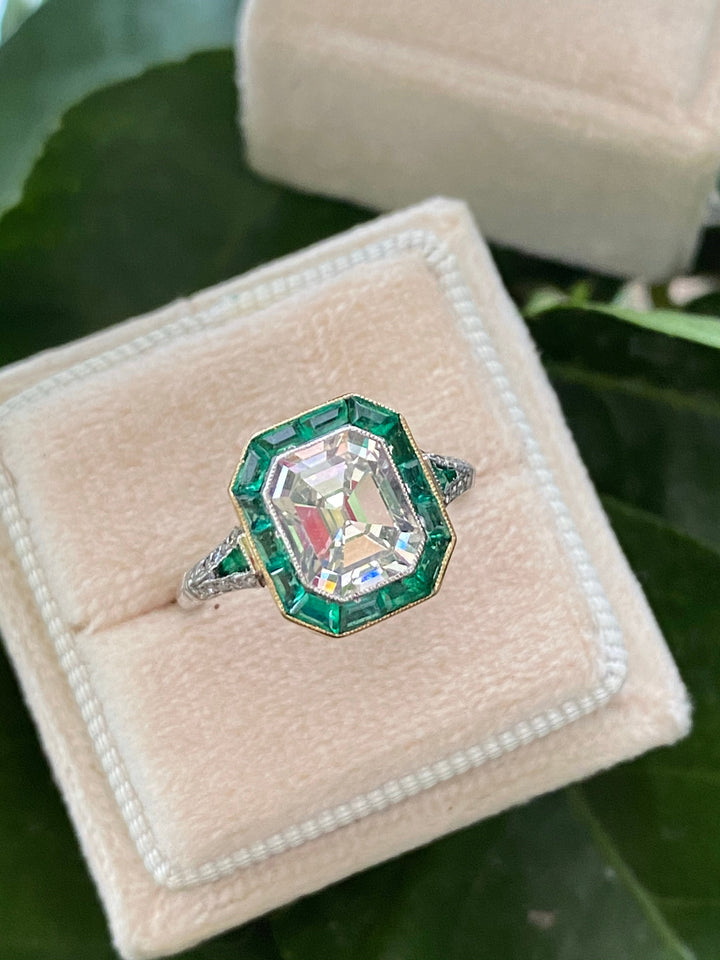2.30 Carat Emerald Cut Diamond and Emerald Art Deco Halo Ring 
