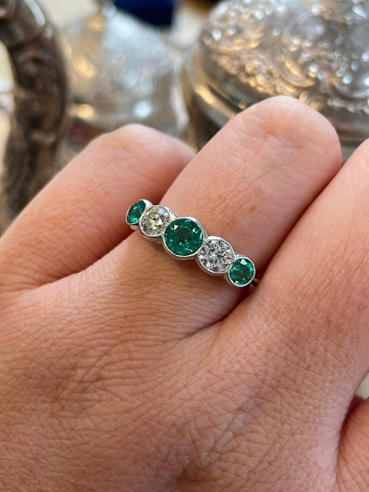 Emerald and Diamond Round Brilliant Five Stone Bezel Set Eternity Wedding Band Ring in Platinum 
