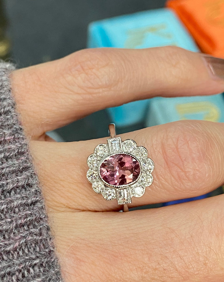 Oval Cut Pink Tourmaline and Diamond Halo Unique Art Deco Engagement Ring in Platinum 