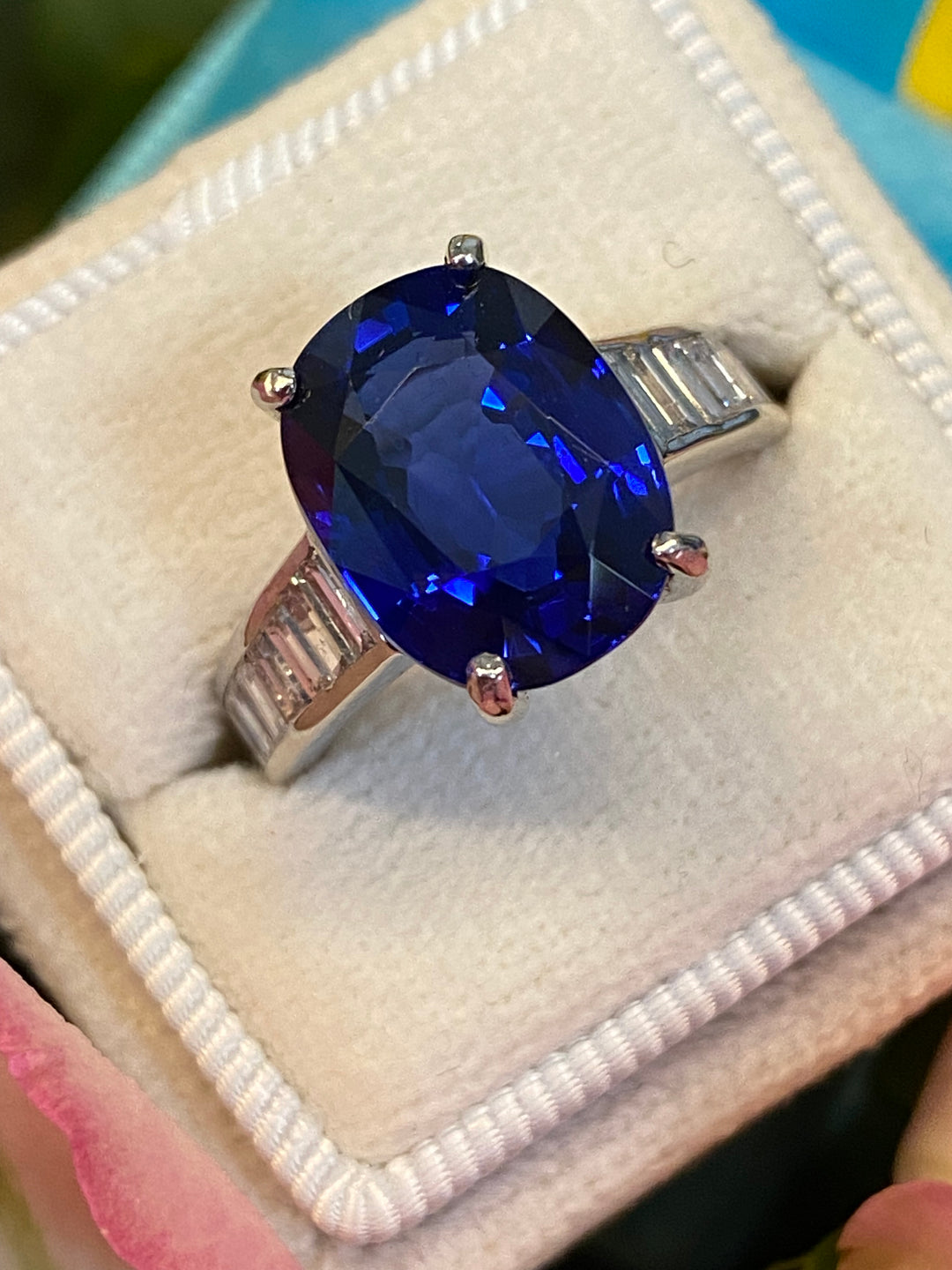 Oval Cut Blue Ceylon Sapphire Unheated and Diamond Art Deco Style Engagement Ring in Platinum 