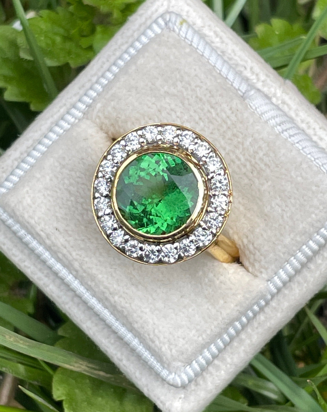 3.50 Carat Round Tsavorite Green Garnet and Diamond Halo Bezel Engagement Ring in Yellow Gold 