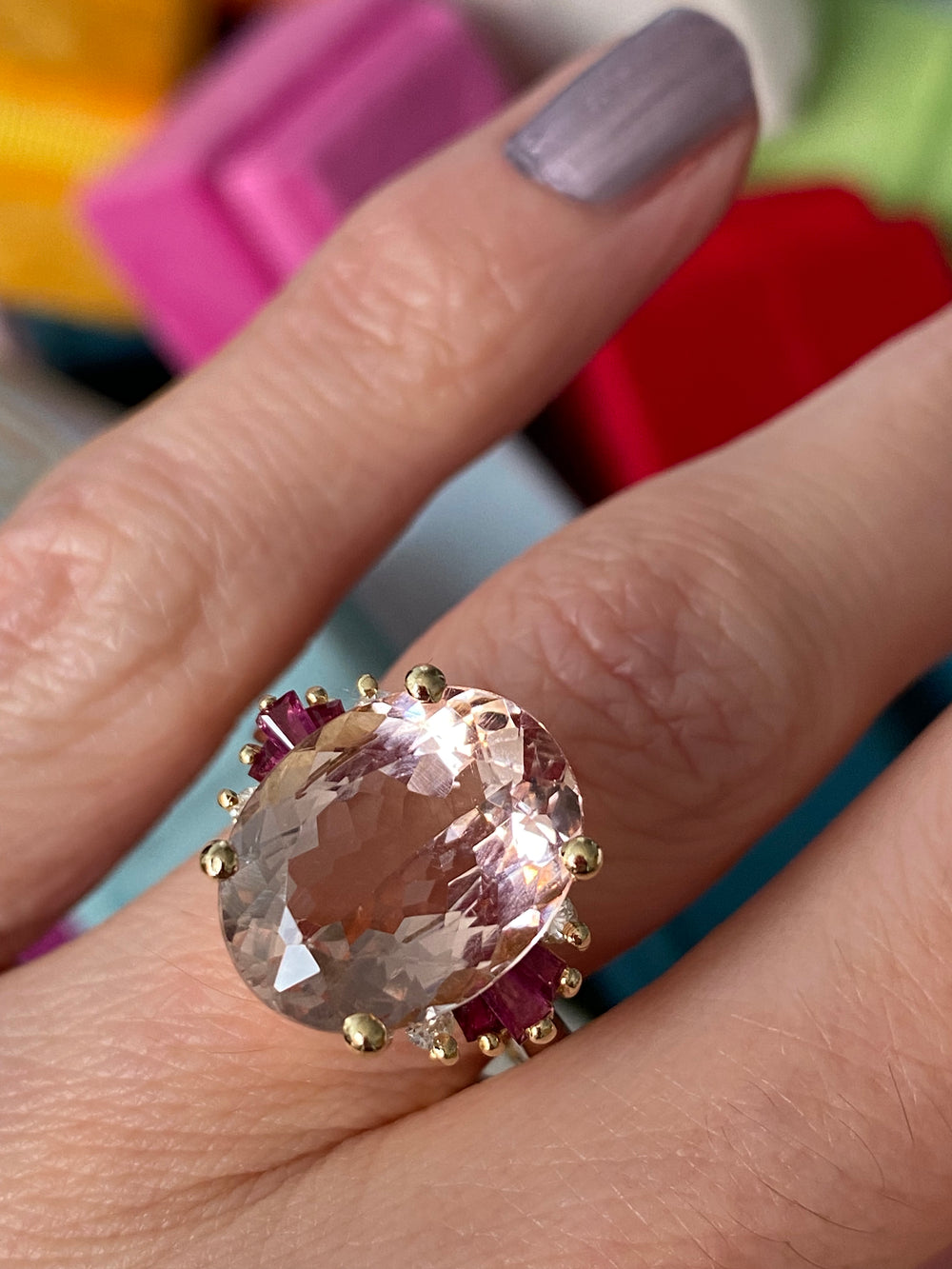 10 Carat Oval Cut Morganite Ruby and Diamond Engagement Cocktail Ring in Yellow Gold 
